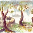 Tři stromy - akvarel